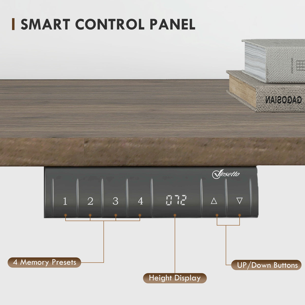 Electric standing desk, 140 x 70cm, teak and black