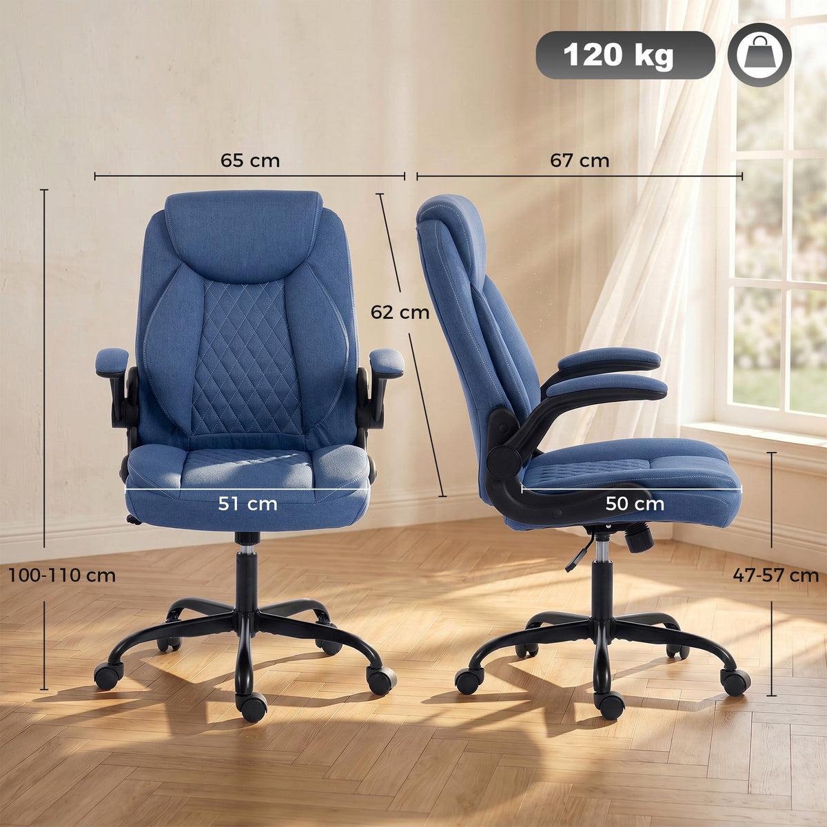 Linen-Look Office Chair with Flip-Up Arms, Blue