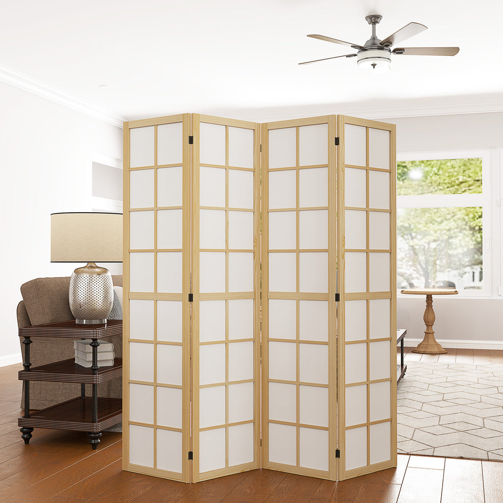 Natural wood and white fabric 4-panel room divider