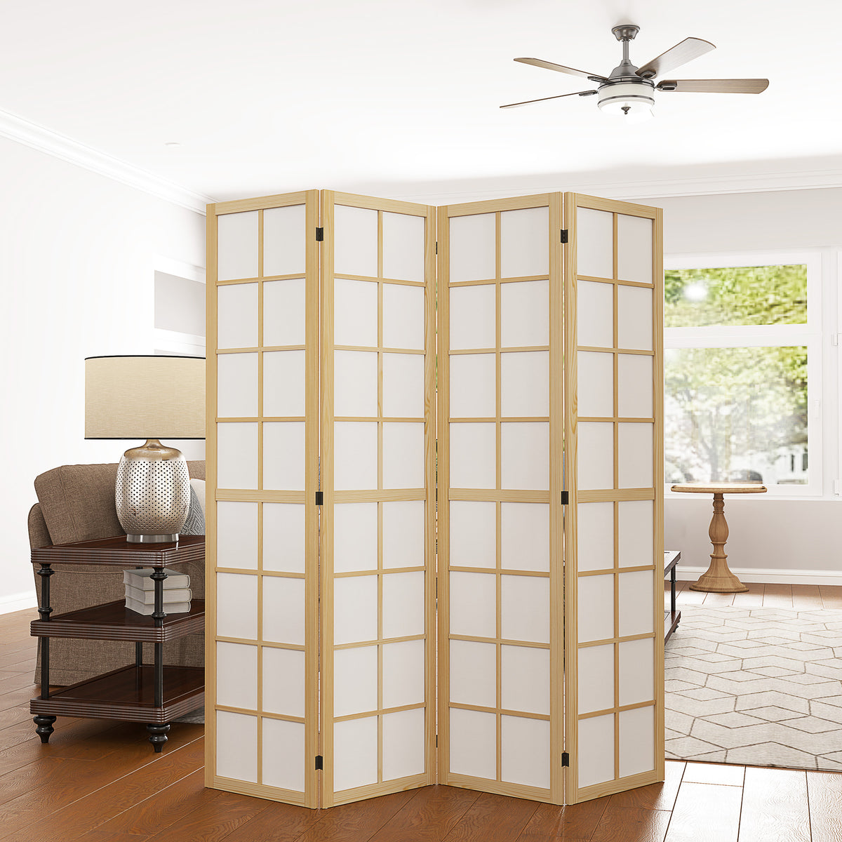 Natural wood and white fabric 4-panel room divider
