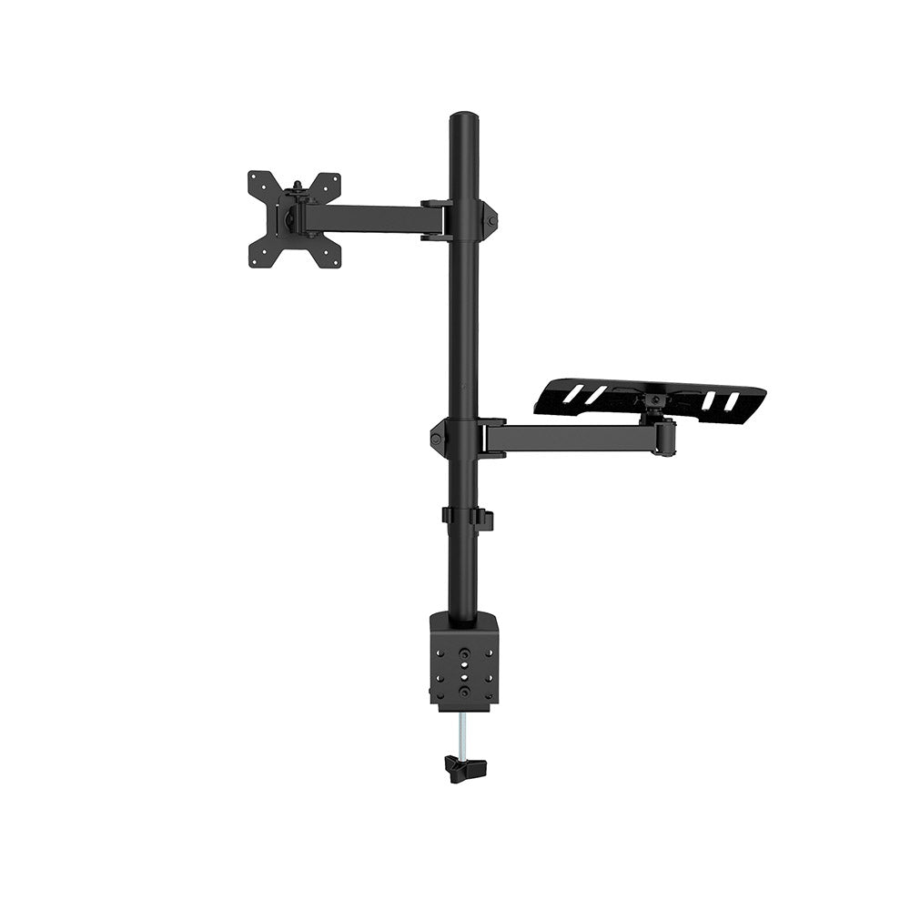 Metal desk stand holding a monitor above a laptop tray