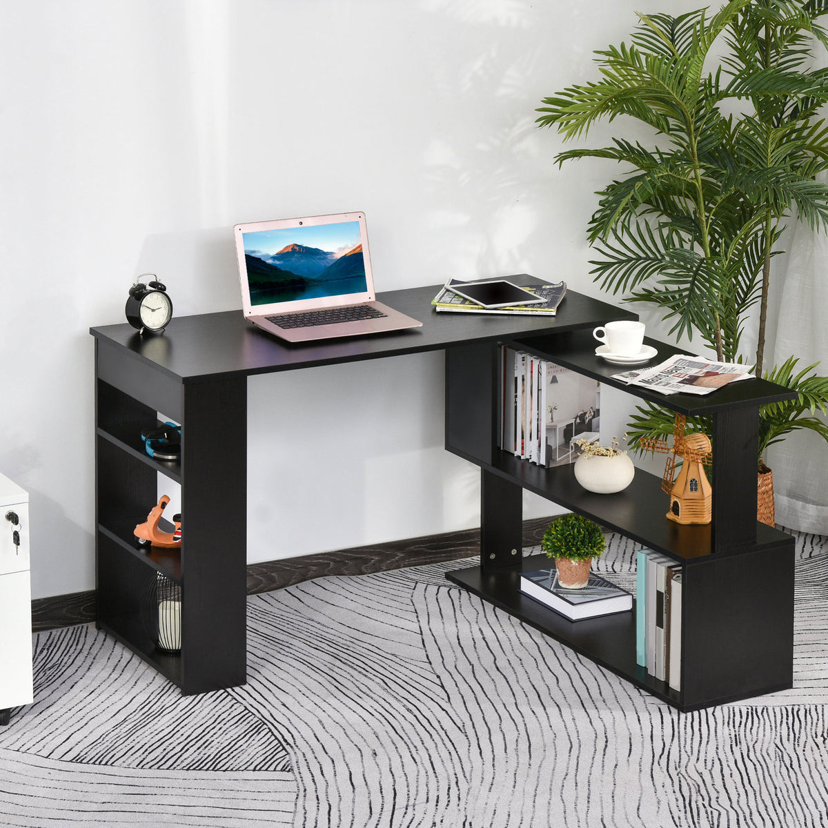 Small corner desk with bookcase and shelves, black, photo 2