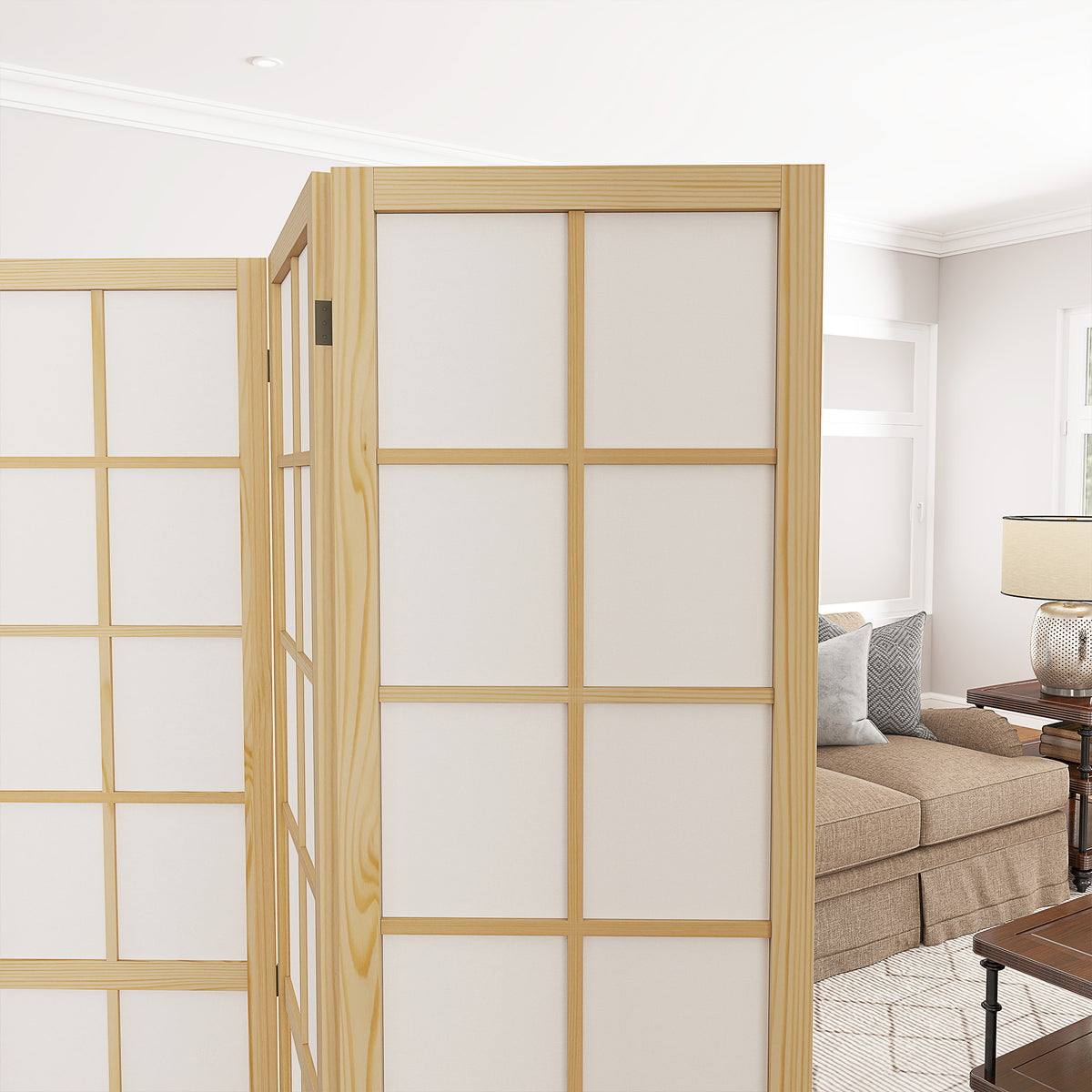 Natural wood and white fabric 4-panel room divider