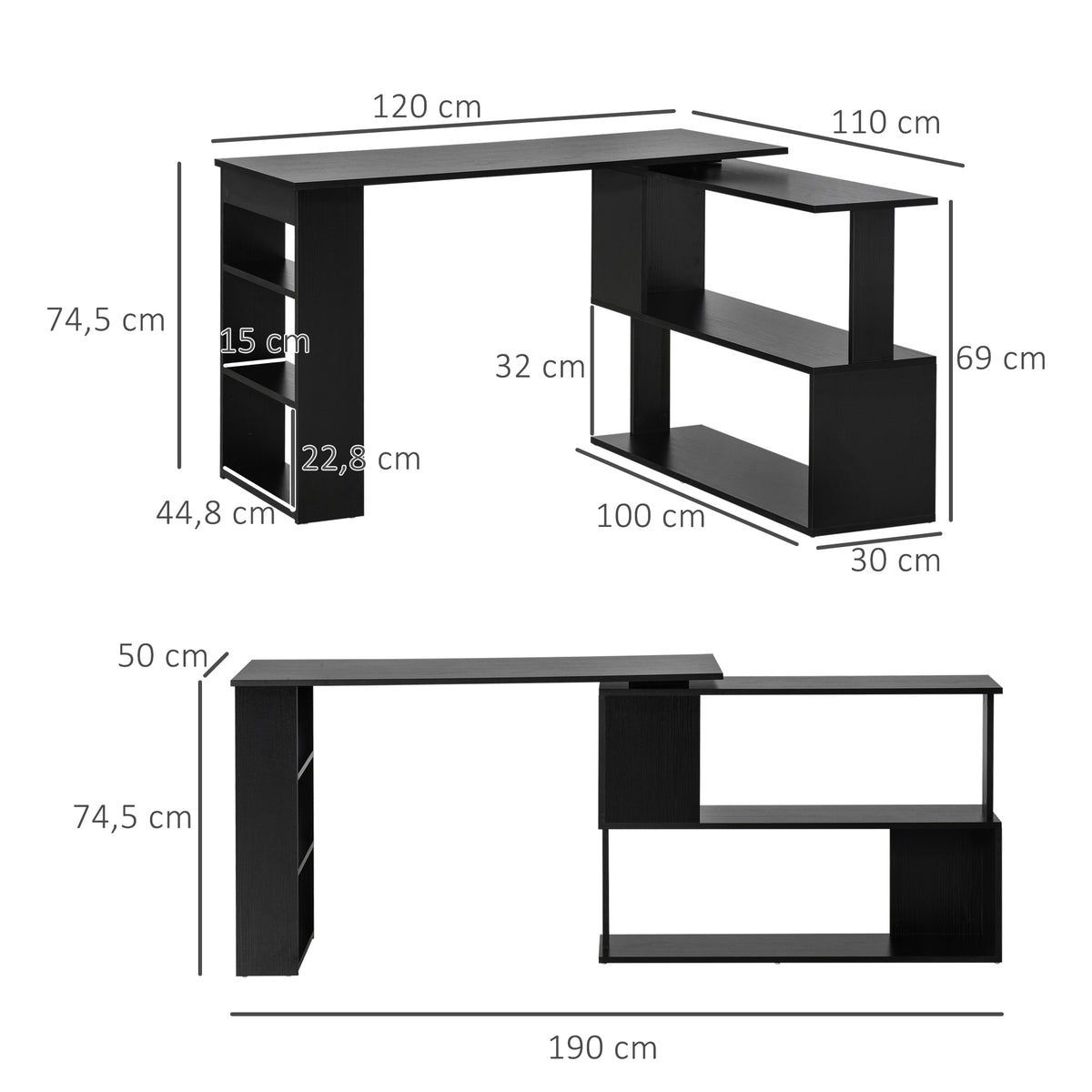 Small corner desk with bookcase and shelves, black, photo 3