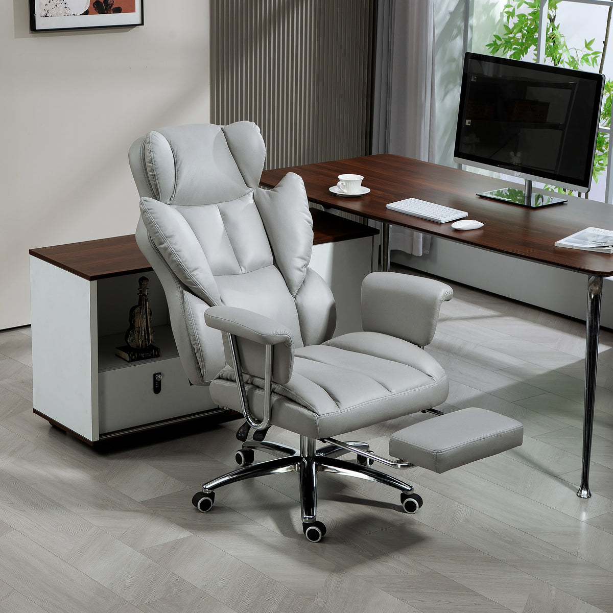 Reclining Office Chair with Footrest, Light Grey