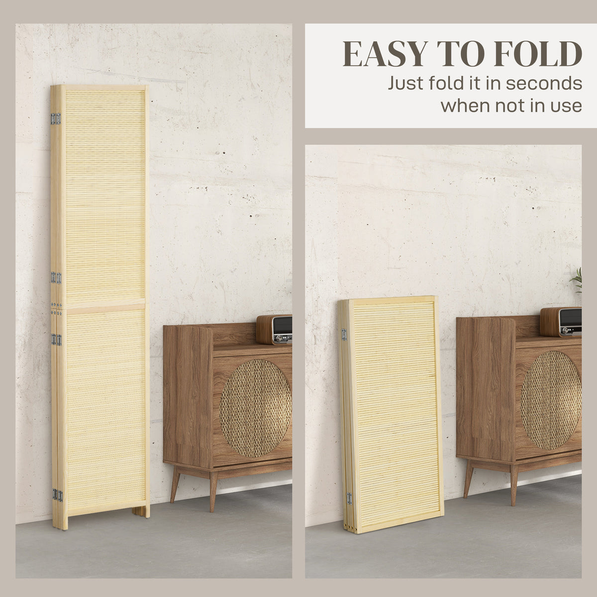 Natural bamboo 4-panel room divider, 180 x 180cm
