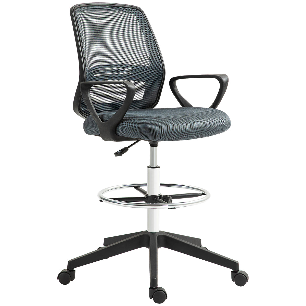Grey ergonomic draughtsman chair with armrests