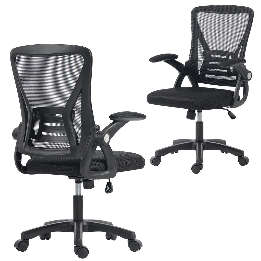 Black ergonomic mesh office chair with lift-up armrests