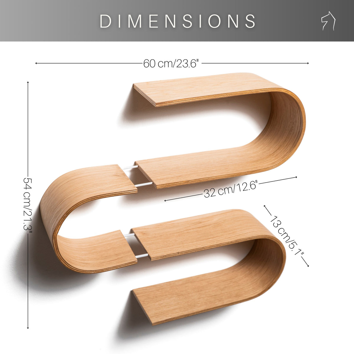 Snake floating shelf dimensions: 60 cm wide, 54 cm high, 13 cm deep