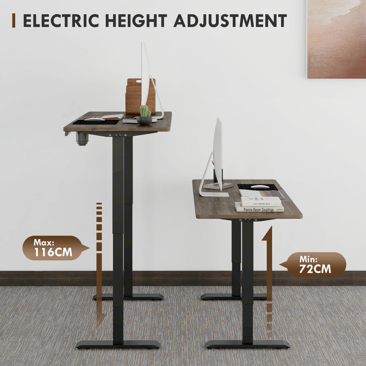 Electric standing desk, 140 x 70cm, teak and black
