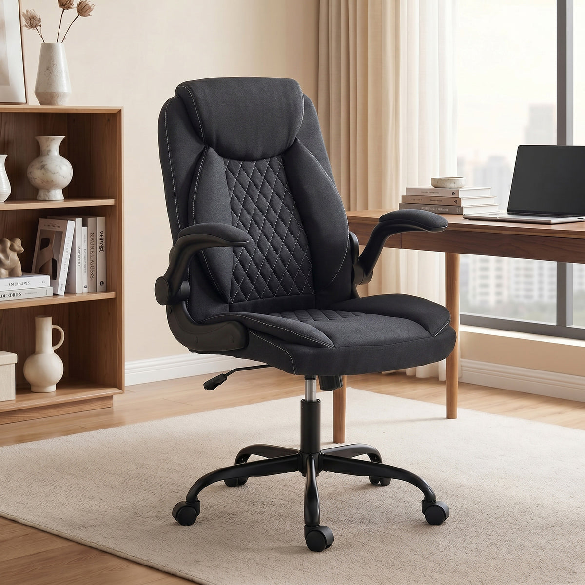 Linen-Look Office Chair with Flip-Up Arms, Black