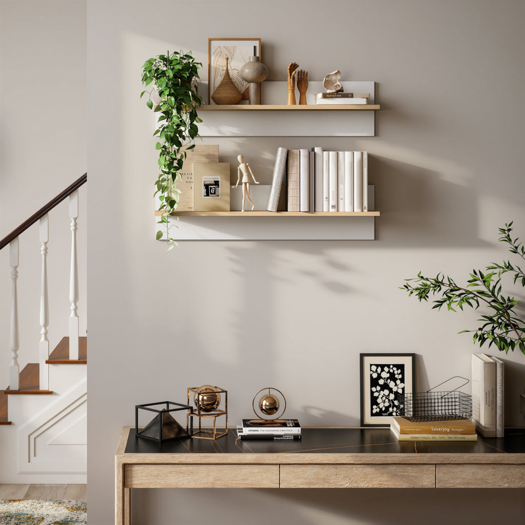 Set of 2 floating wall shelves, 80cm, white and natural wood