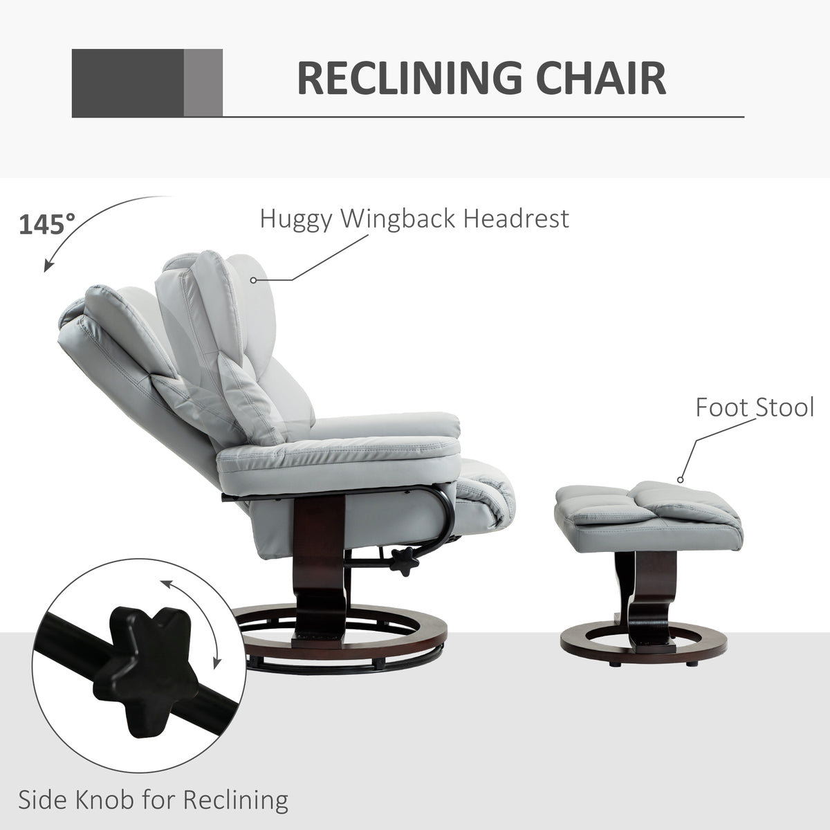 Swivel Recliner Chair with Footstool, Light Grey