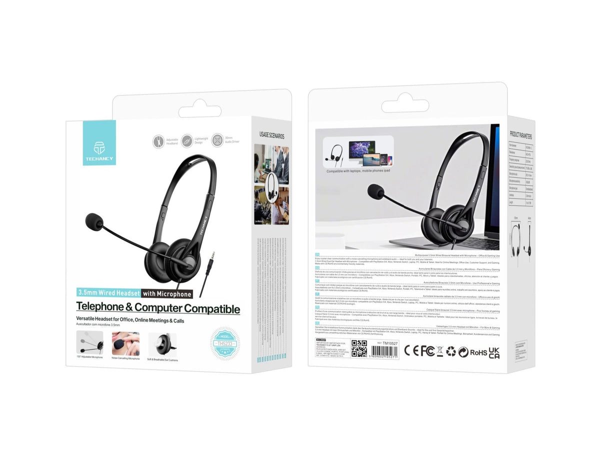 Techancy Auricular Binaural com Fio 3.5mm TH5233 com Microfone Cancelamento de Ruido para Call Center Escritorio Reunioes e Jogos Compatibel PC Telemovel Consolas-4