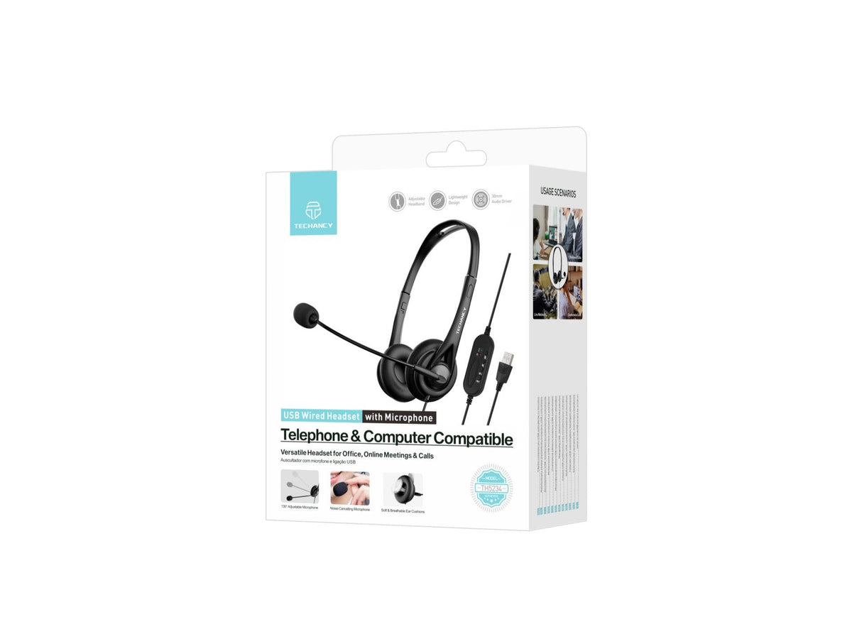 Techancy Auricular USB com Fio TH5234 com Microfone Cancelamento de Ruido para Call Center Escritorio Reunioes Online Compatibel PC Portatil-3