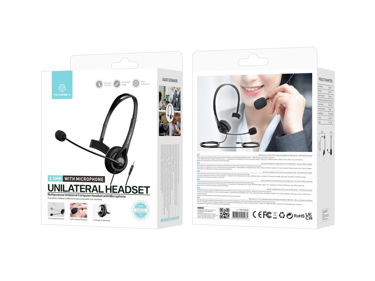 Techancy Auricular Unilateral com Fio 3.5mm TH5232 com Microfone Cancelamento de Ruido para Call Center Escritorio Reunioes e Jogos Compatibel PC Telemovel Consolas-4