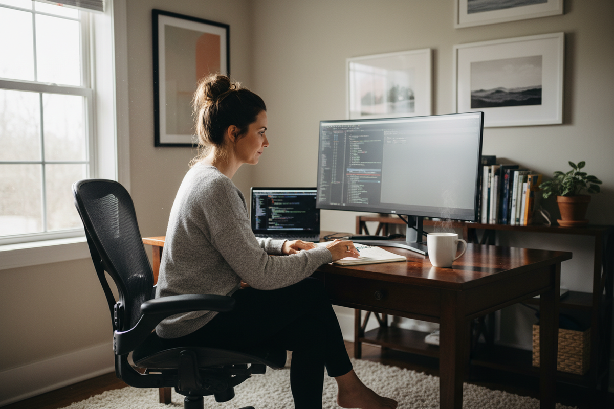 Woman working at a wooden desk with a large monitor and laptop beside a window in a home office.