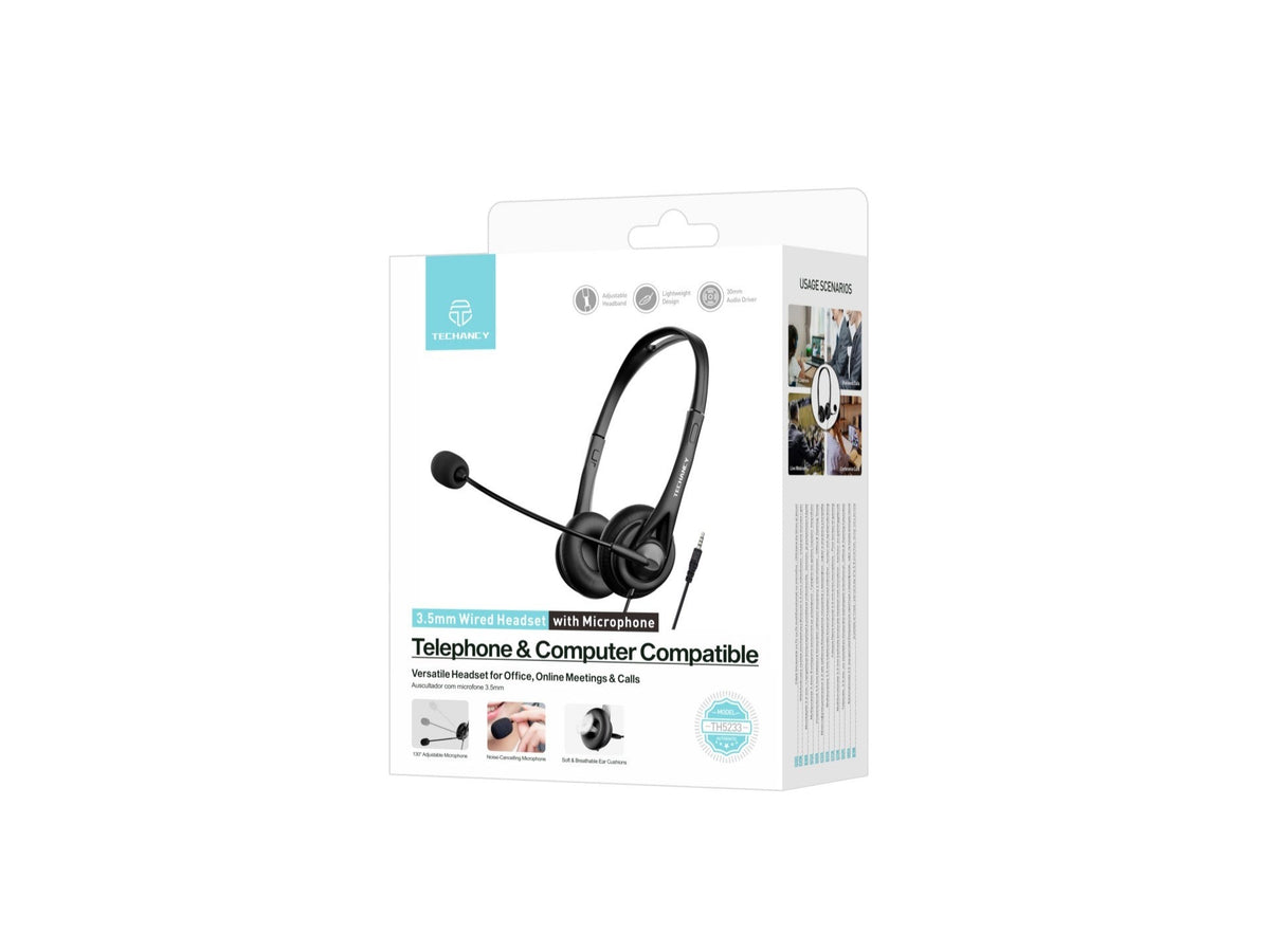Techancy Auricular Binaural com Fio 3.5mm TH5233 com Microfone Cancelamento de Ruido para Call Center Escritorio Reunioes e Jogos Compatibel PC Telemovel Consolas-3