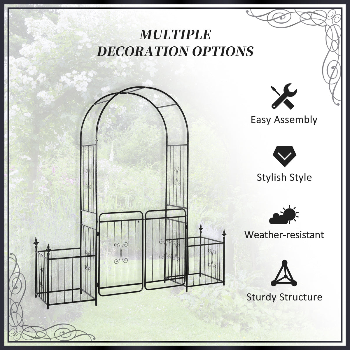 Metal Garden Arch with Gate & 2 Planters