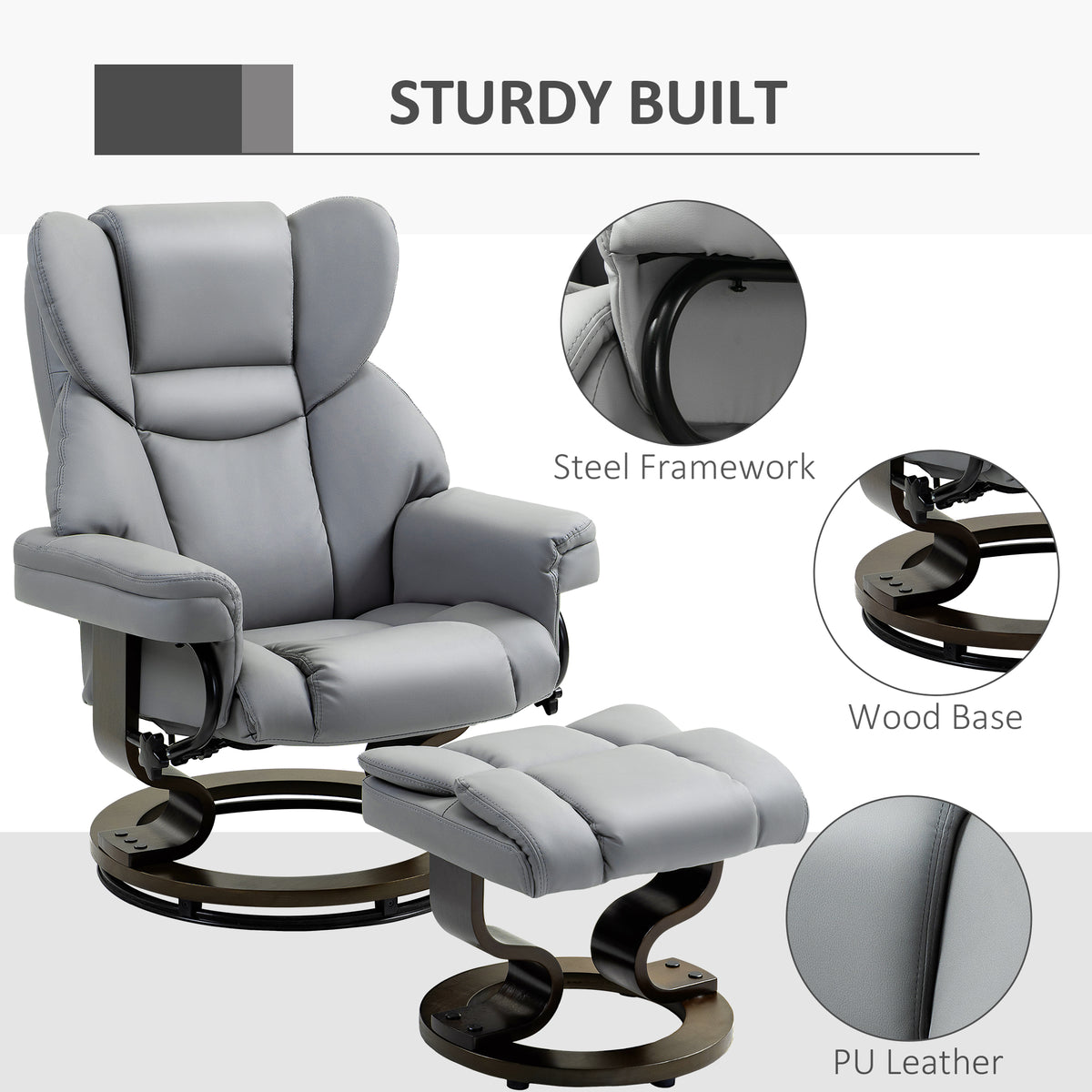 Swivel Recliner Chair with Footstool, Light Grey