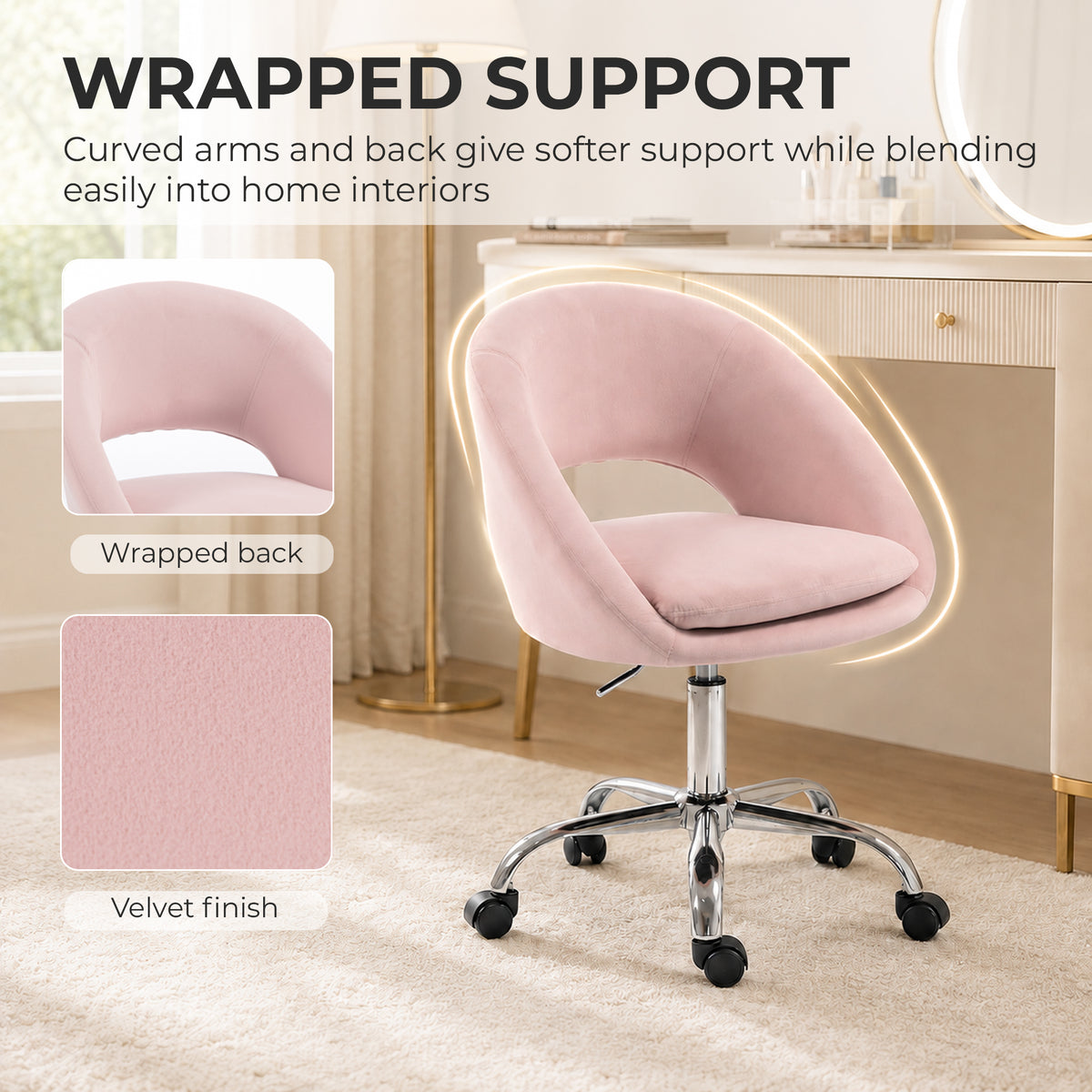 Velvet Desk Chair with Arms, Pink