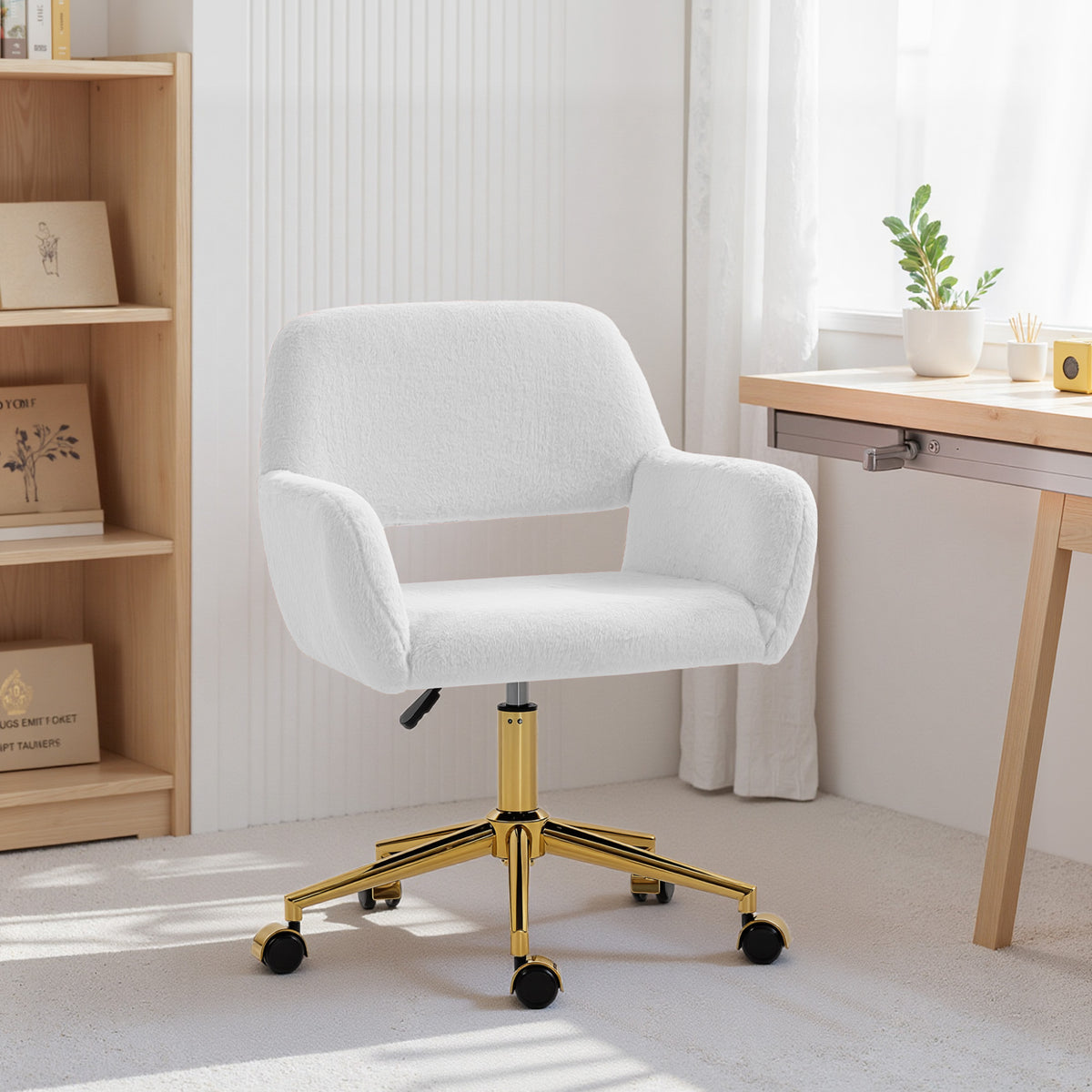 Faux Fur Swivel Desk Chair, Cream White