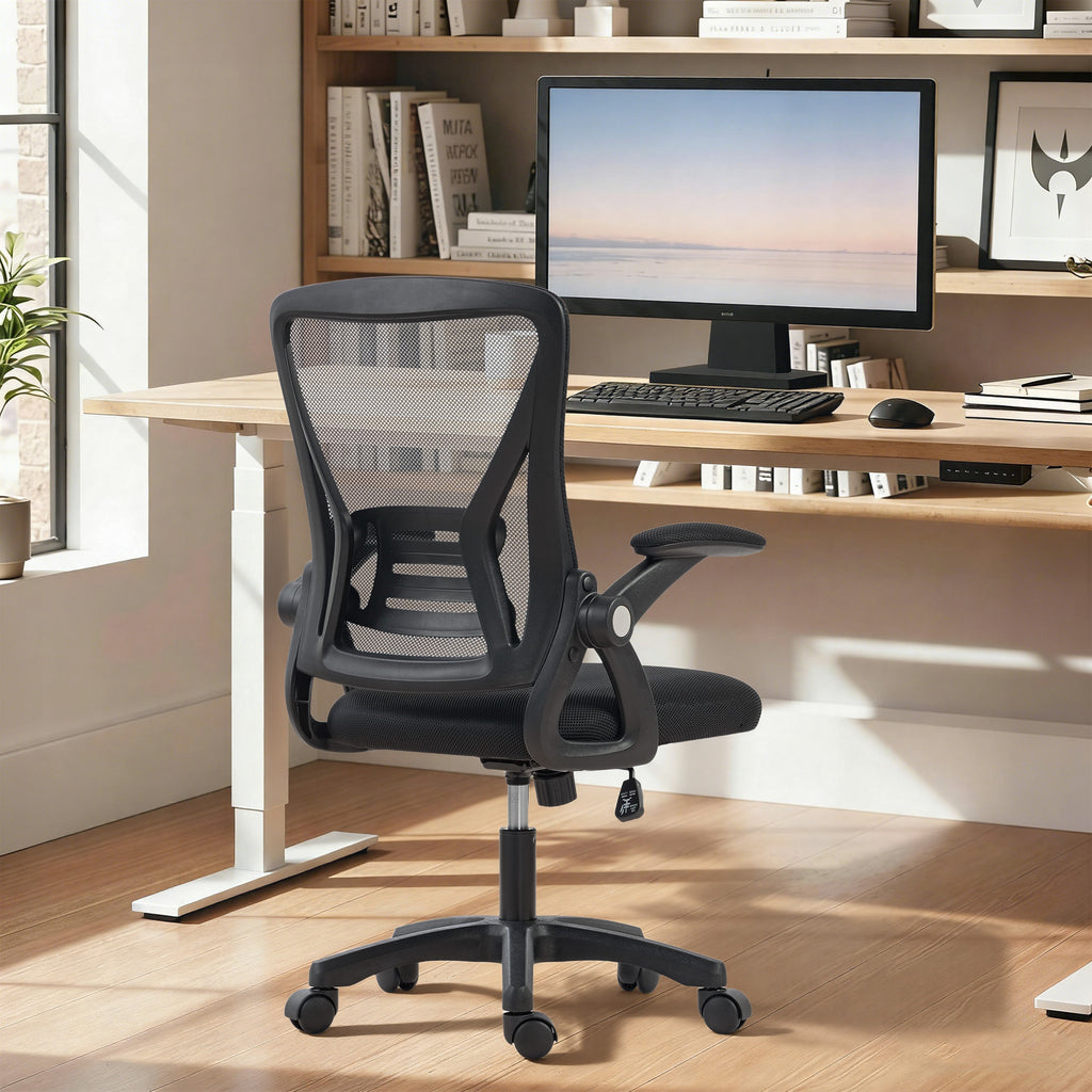 Black ergonomic mesh office chair with lift-up armrests