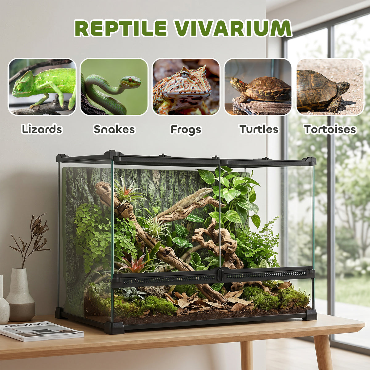 Glass vivarium with bark background, 48 litres