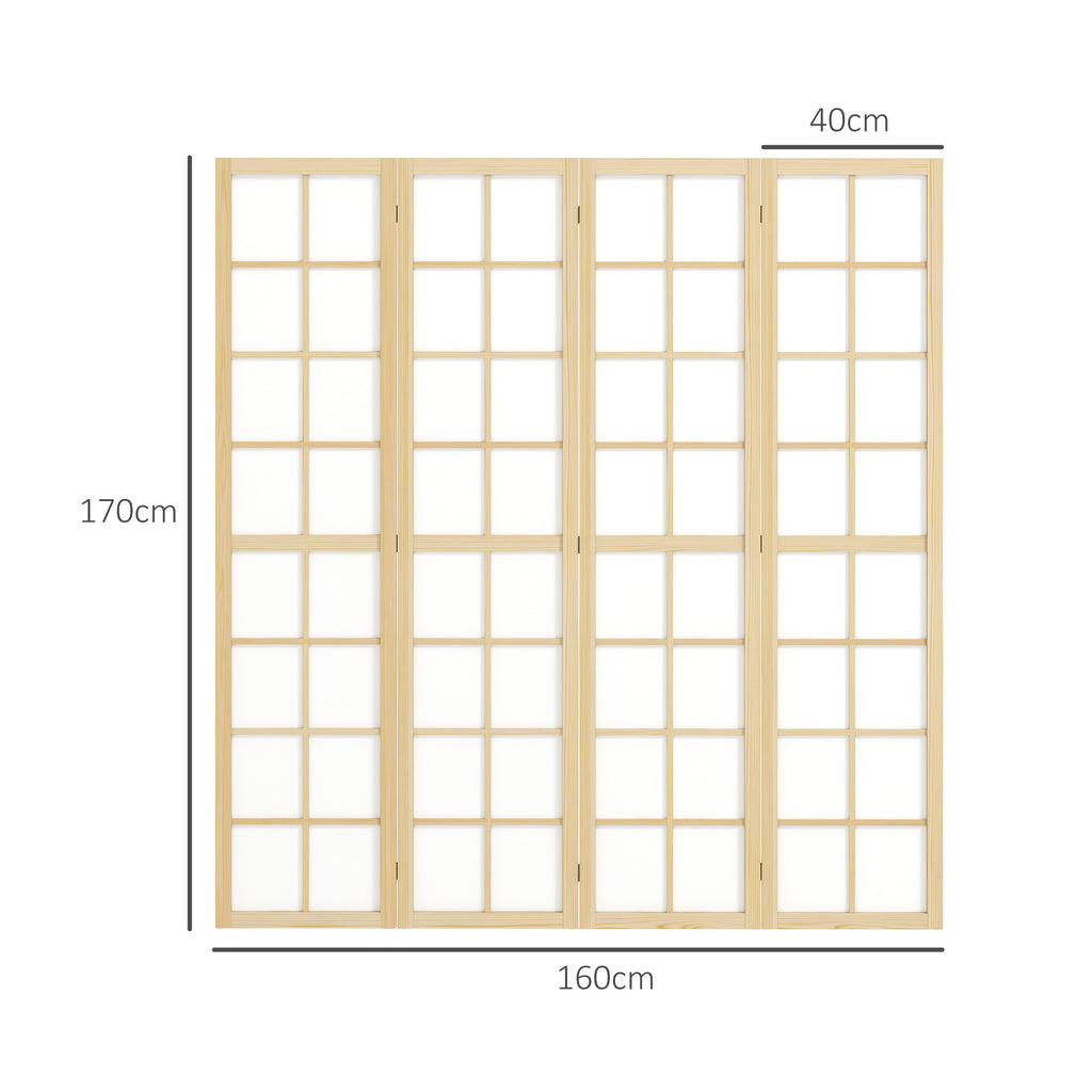 Natural wood and white fabric 4-panel room divider