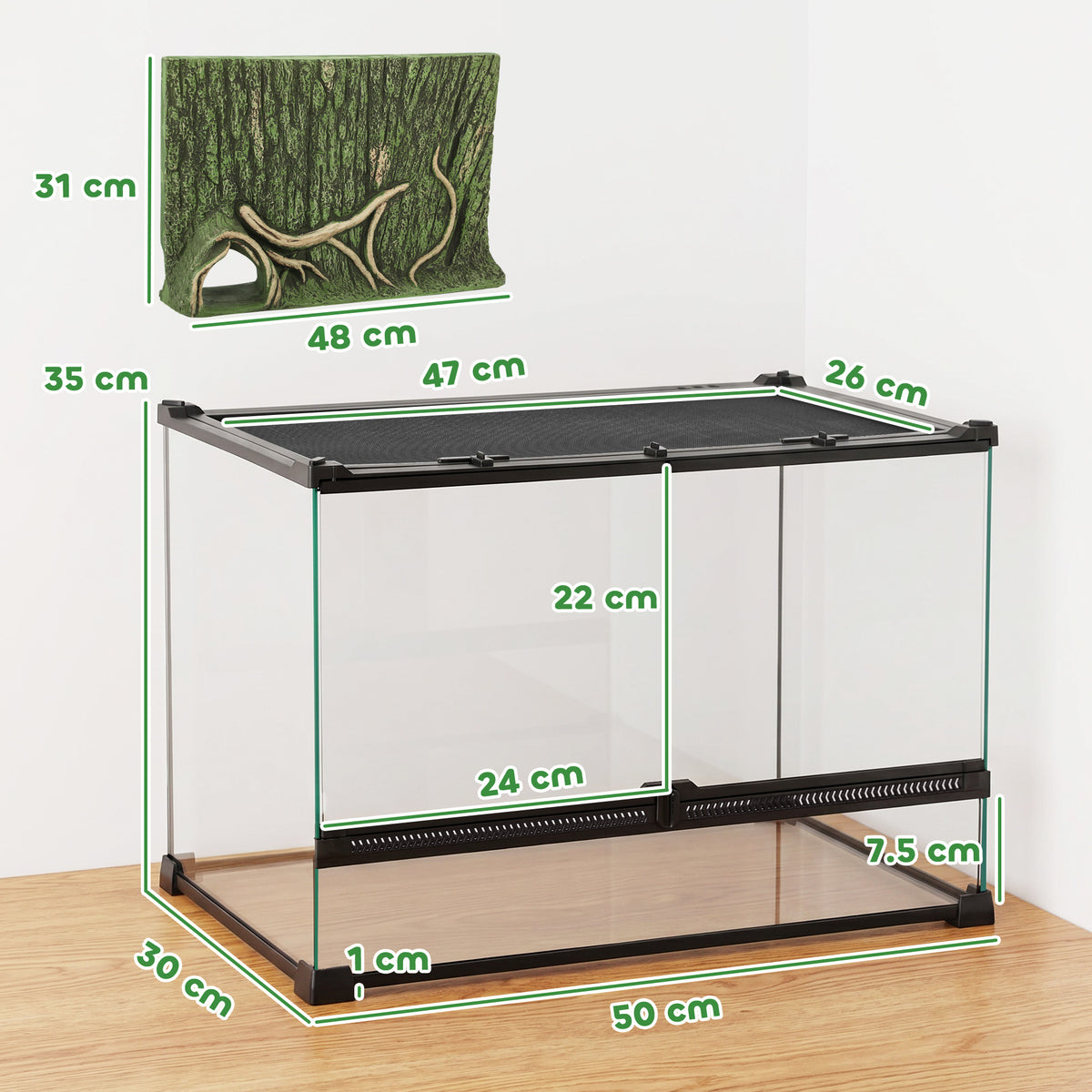 Glass vivarium with bark background, 48 litres