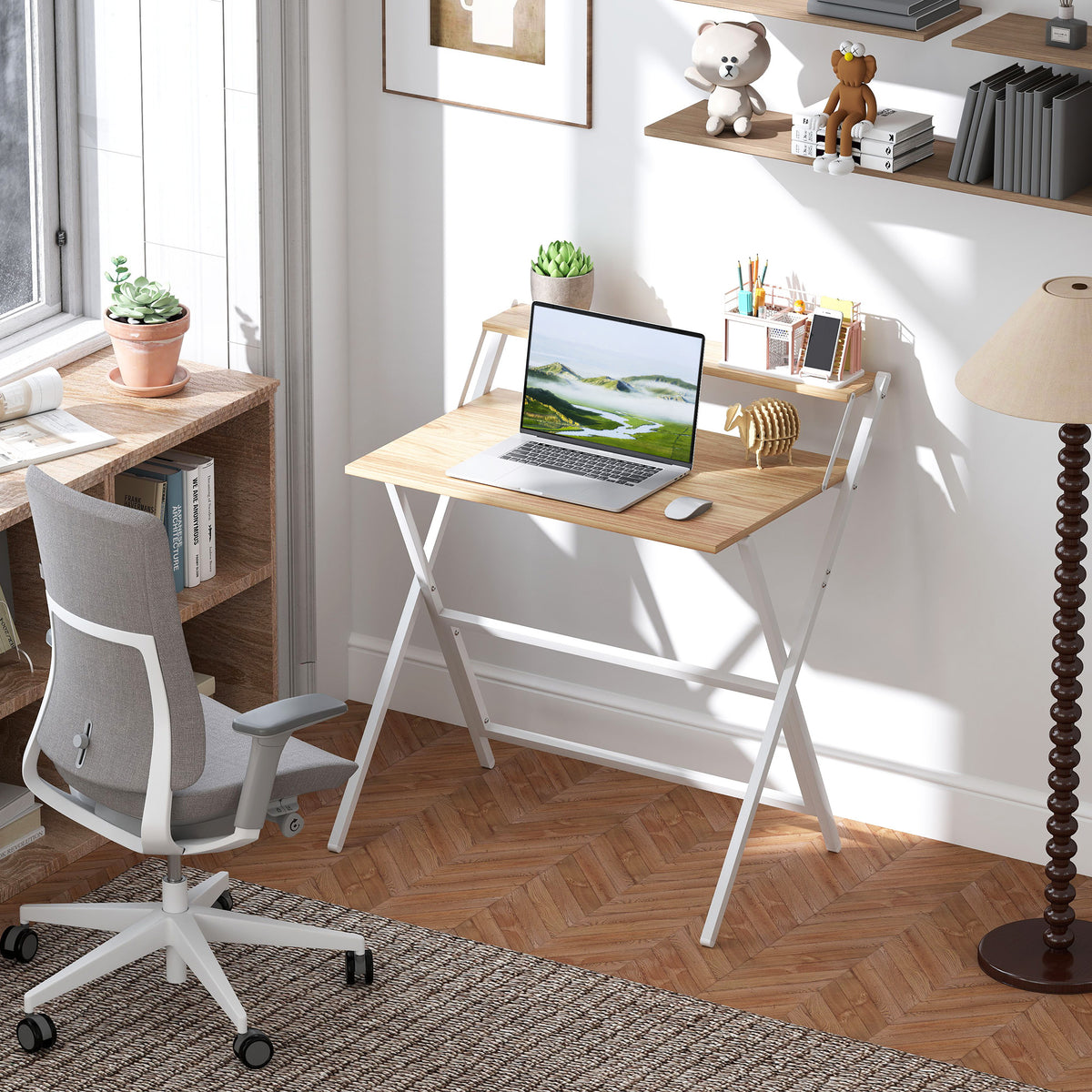 Folding computer desk with monitor shelf, natural wood