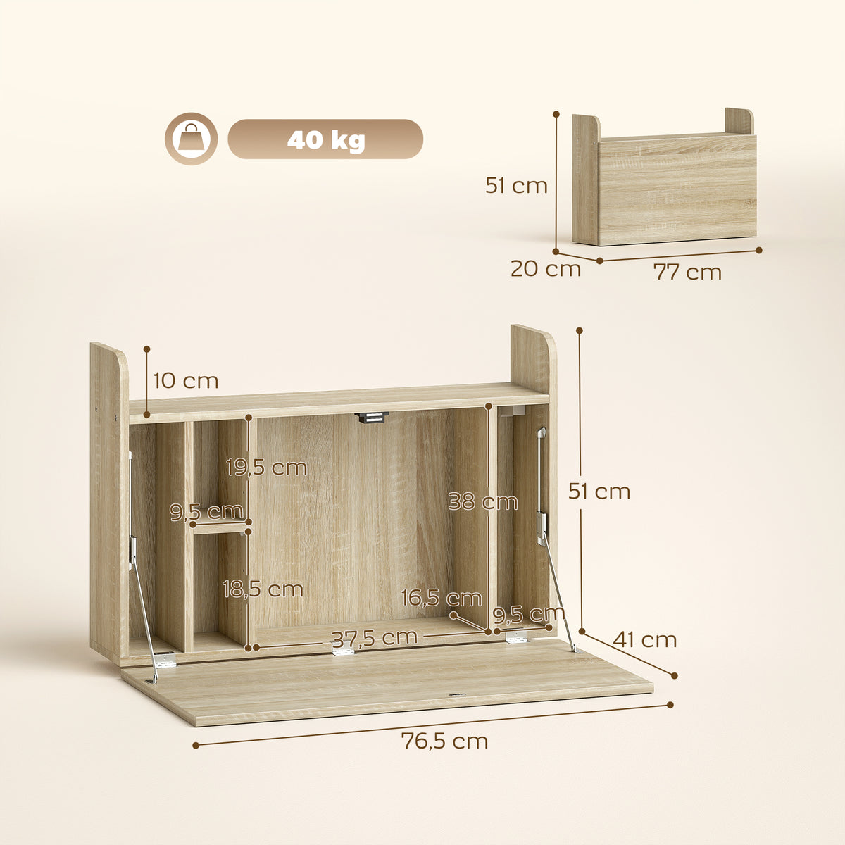 Fold-down wall desk 77cm oak - view 6