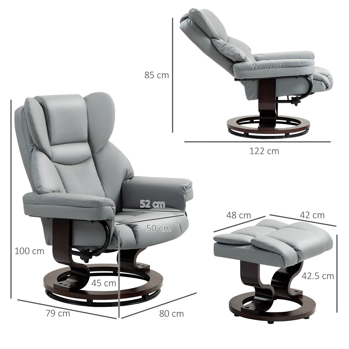 Swivel Recliner Chair with Footstool, Light Grey