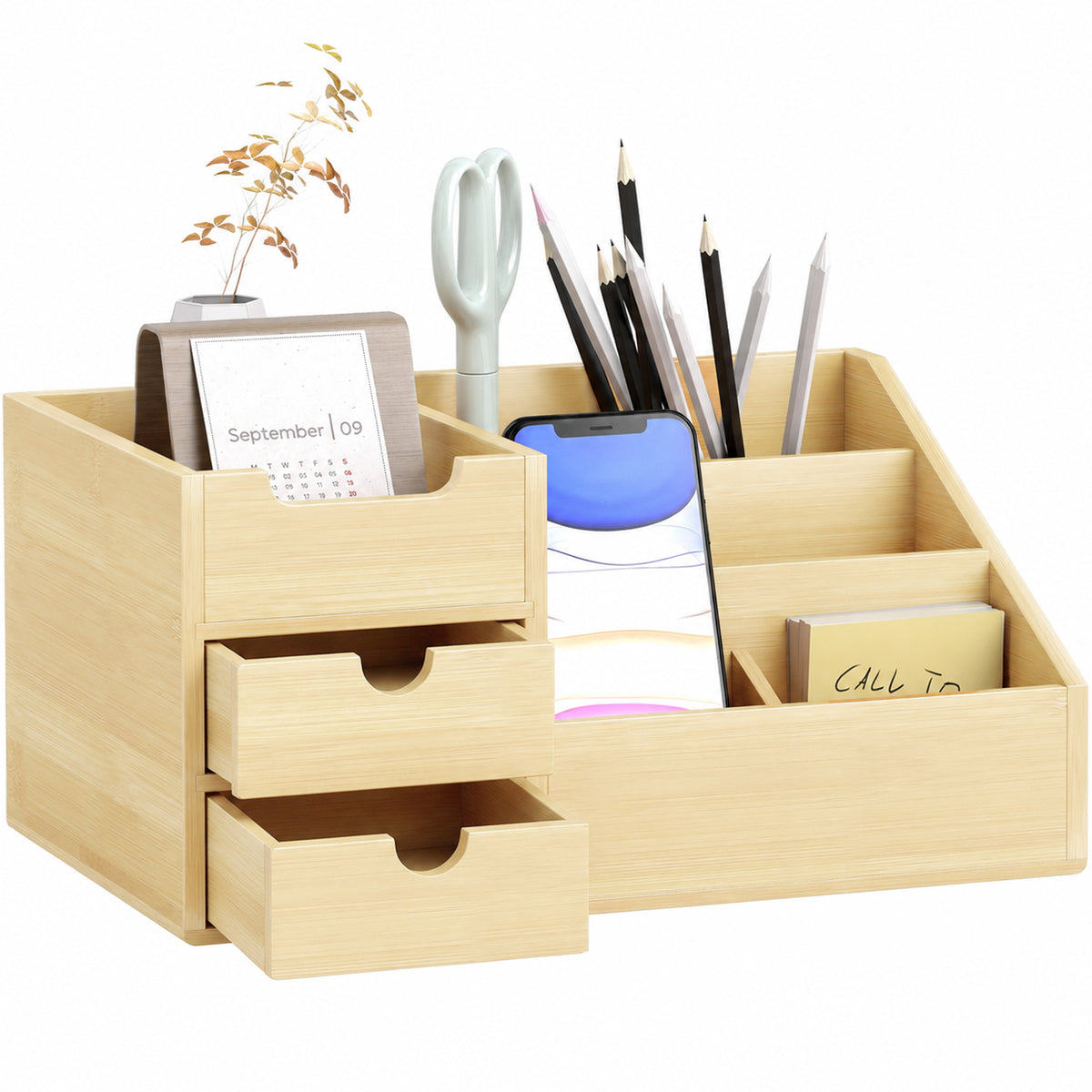 Bamboo Desk Organiser with 7 Compartments & 2 Drawers | Natural