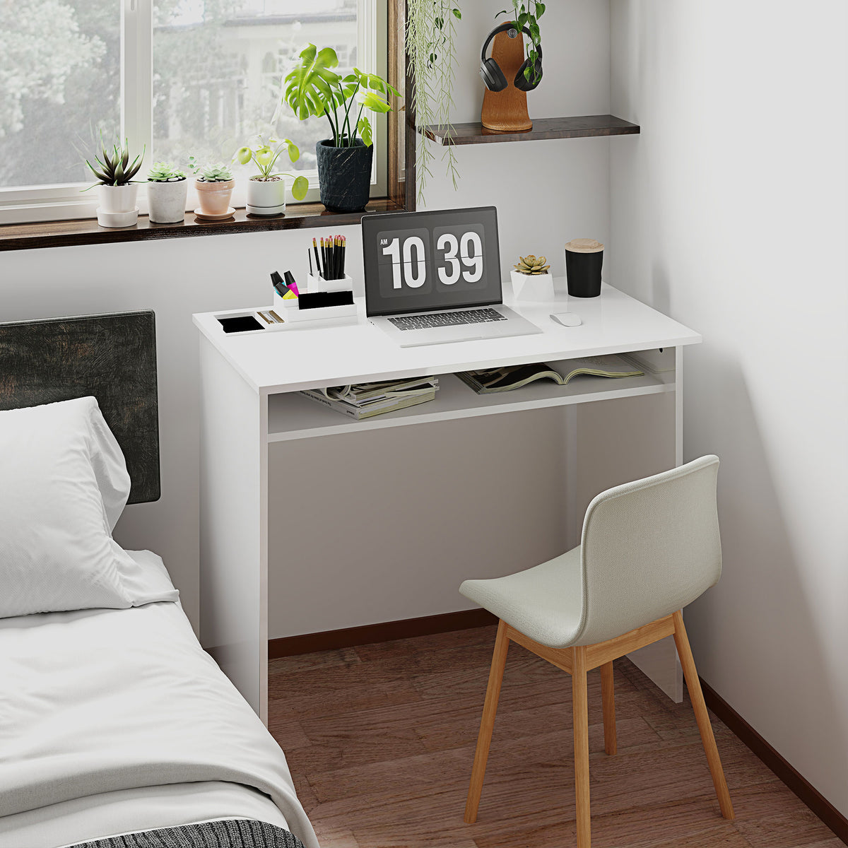 Compact white gloss desk with storage shelf, 90cm