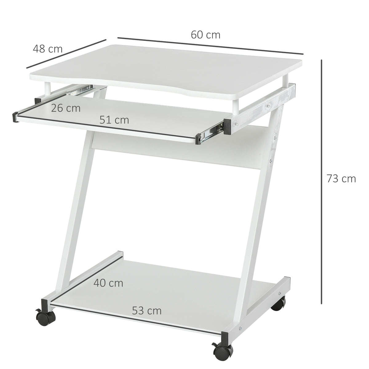 Mobile computer desk on wheels with keyboard tray