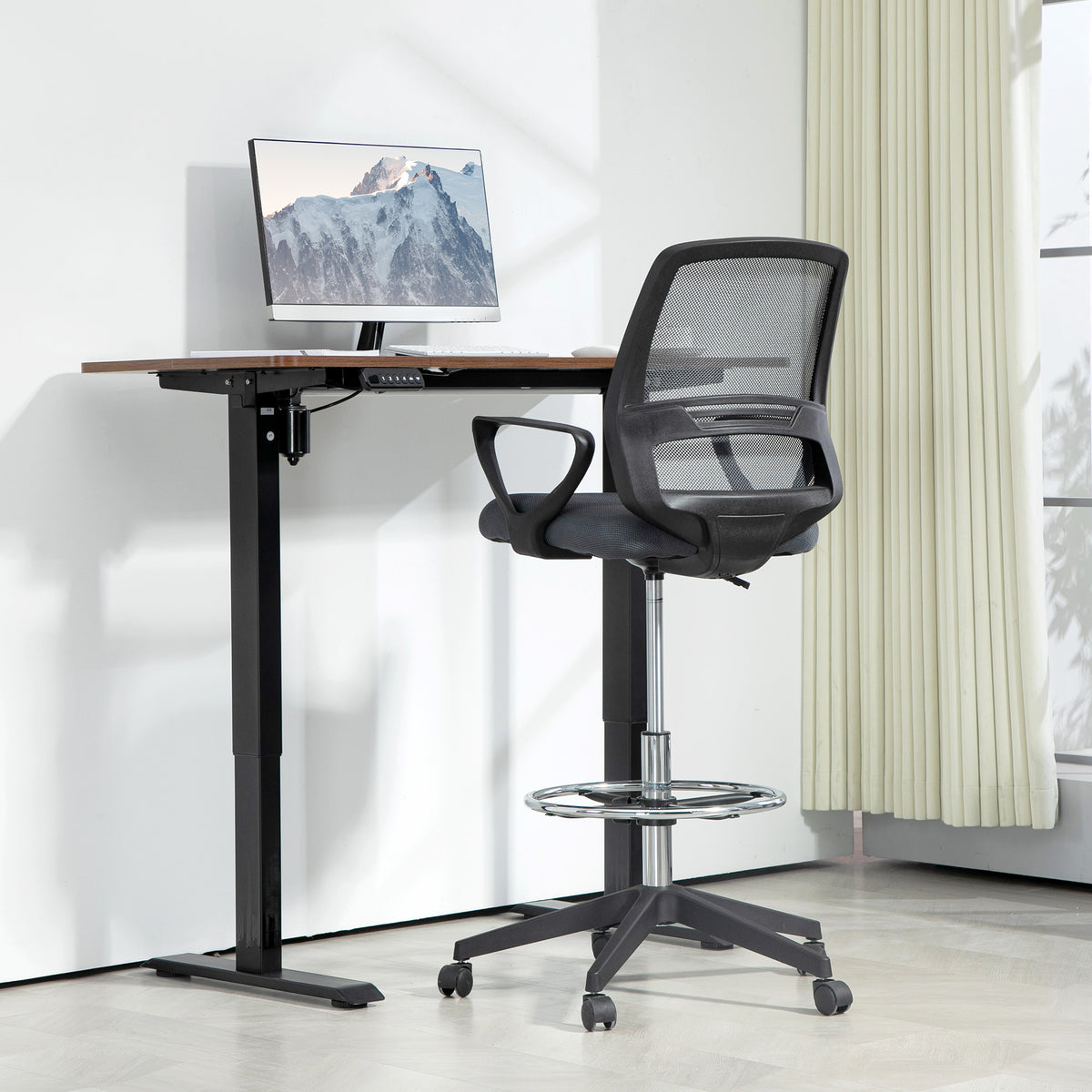 Grey ergonomic draughtsman chair with armrests