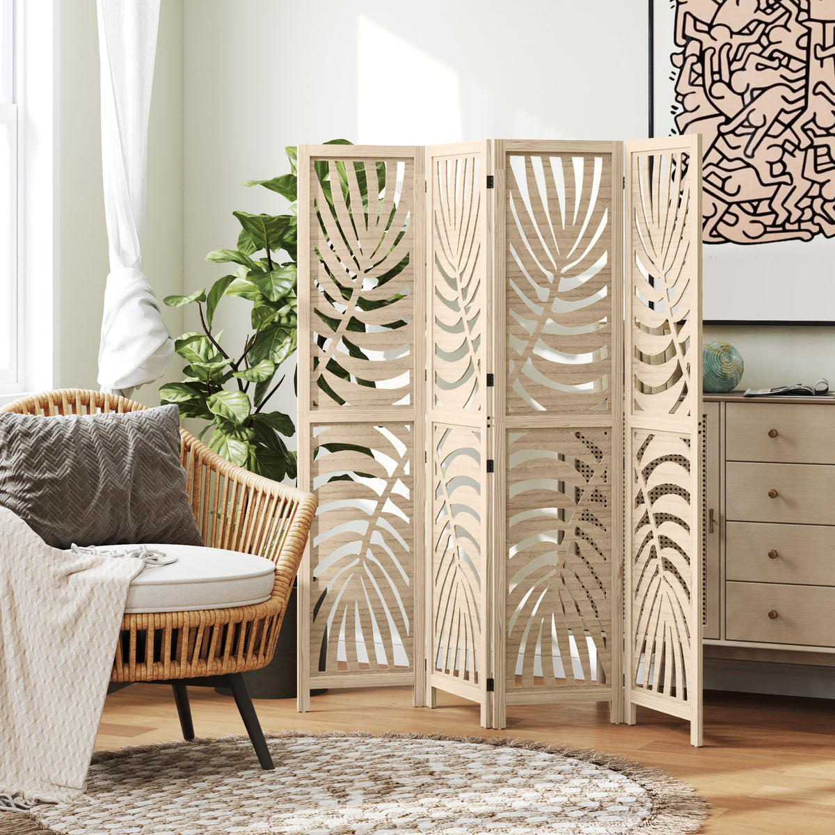 Wooden 4-panel room divider with leaf pattern