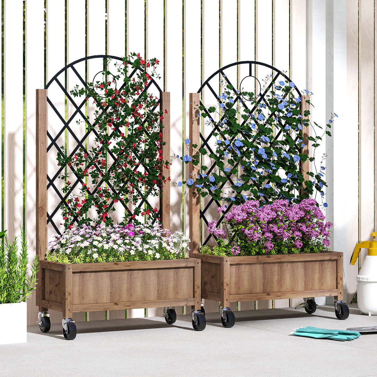 Wooden Planters with Metal Trellis, Set of 2