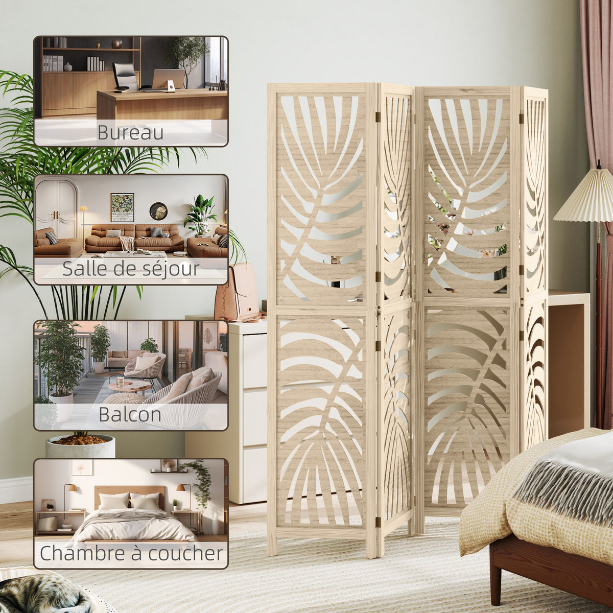 Wooden 4-panel room divider with leaf pattern