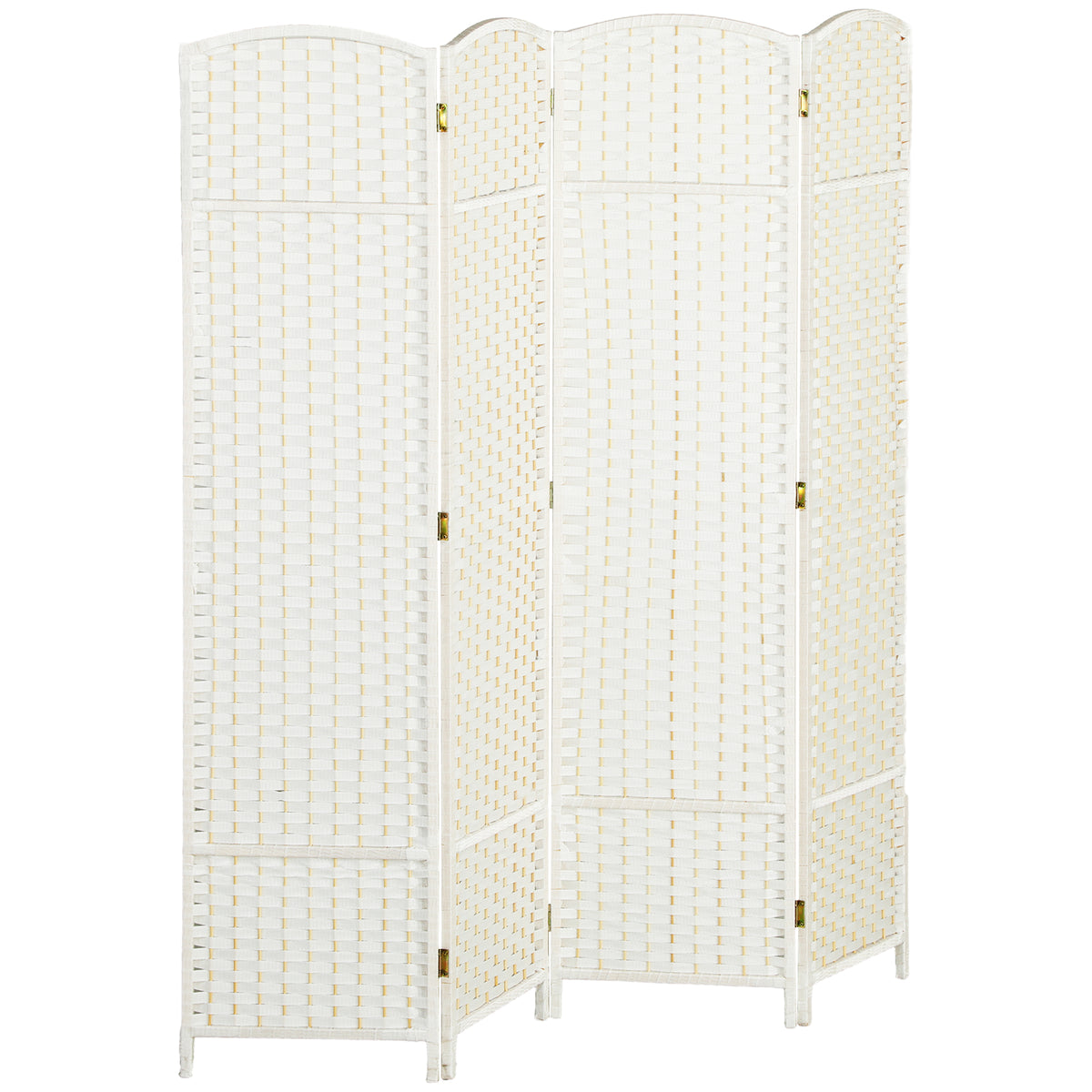 White woven four-panel room divider with arched top