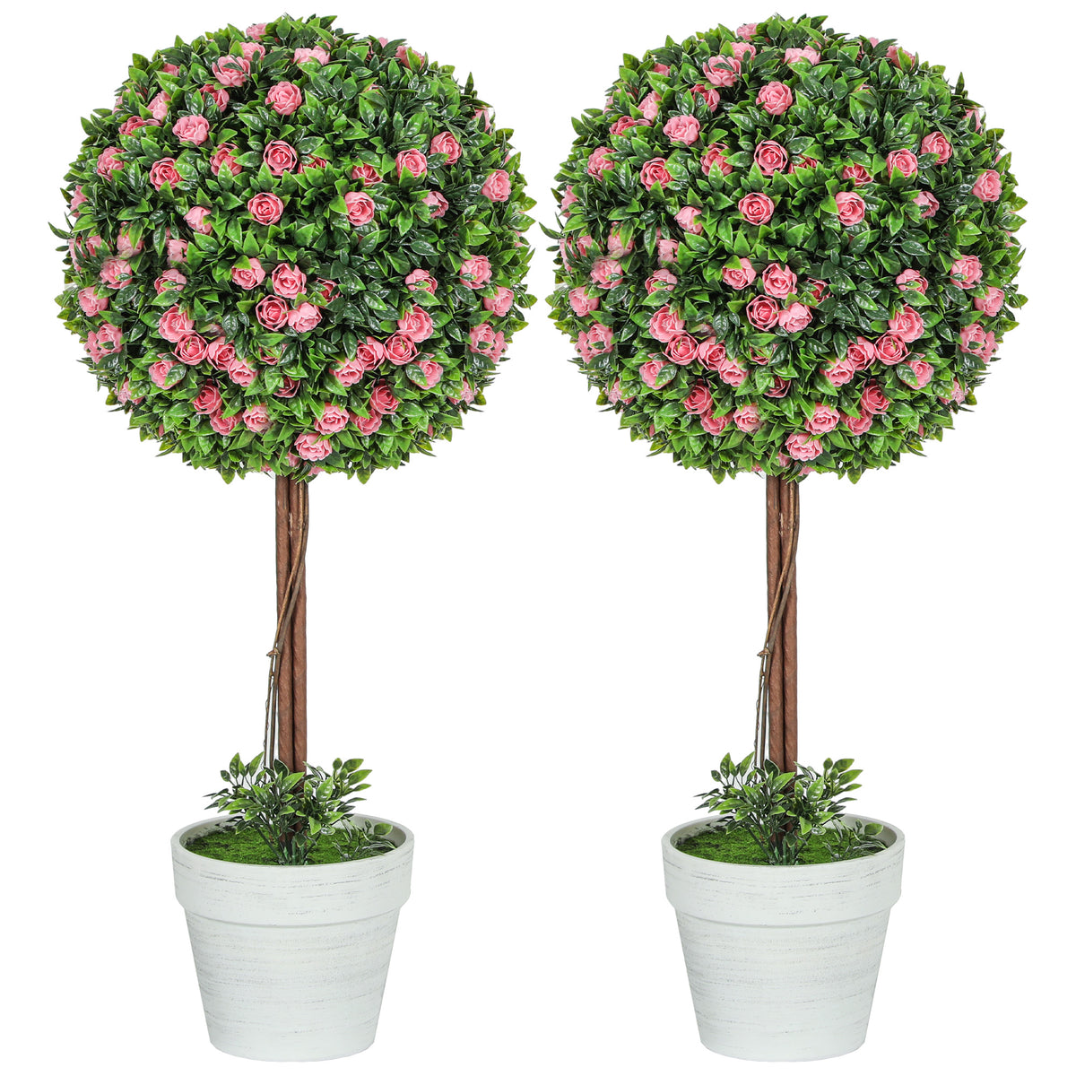 Artificial Pink Rose Topiary Trees 60cm, Set of 2