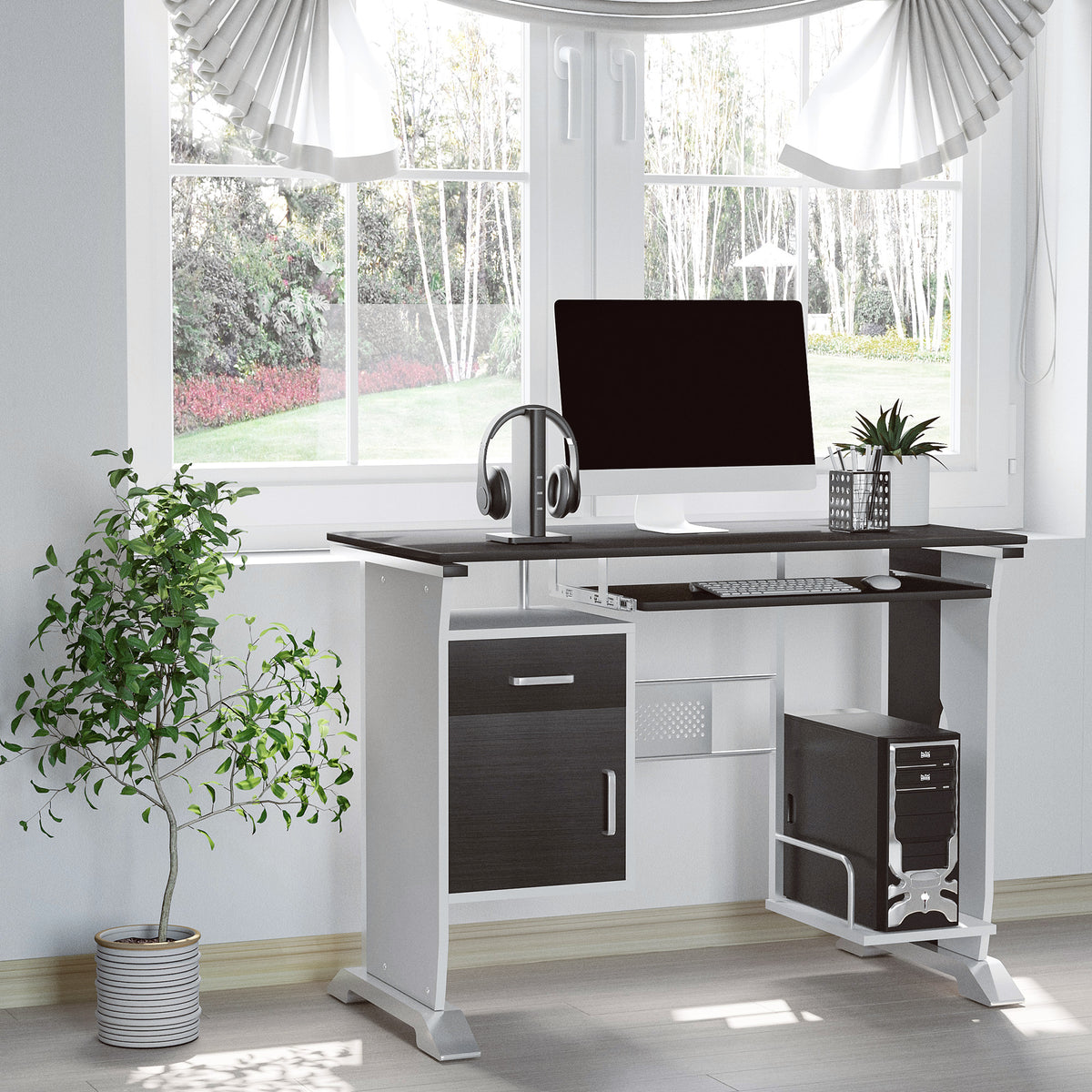 Compact walnut computer desk with keyboard tray, 100cm, photo 2