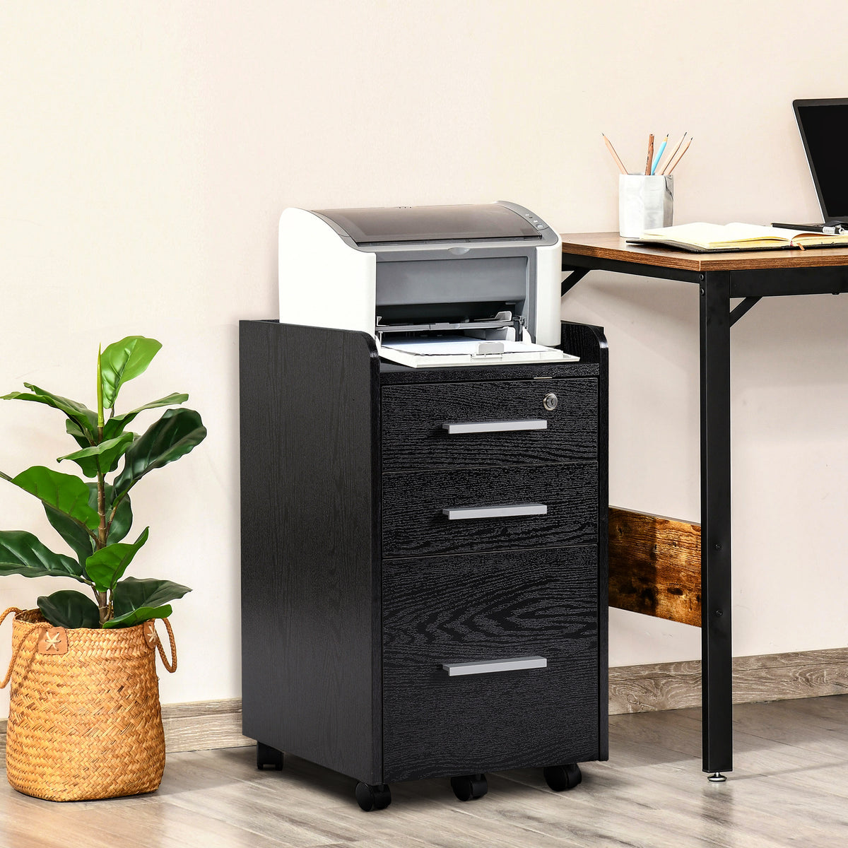 3-Drawer Wooden Filing Cabinet, Black