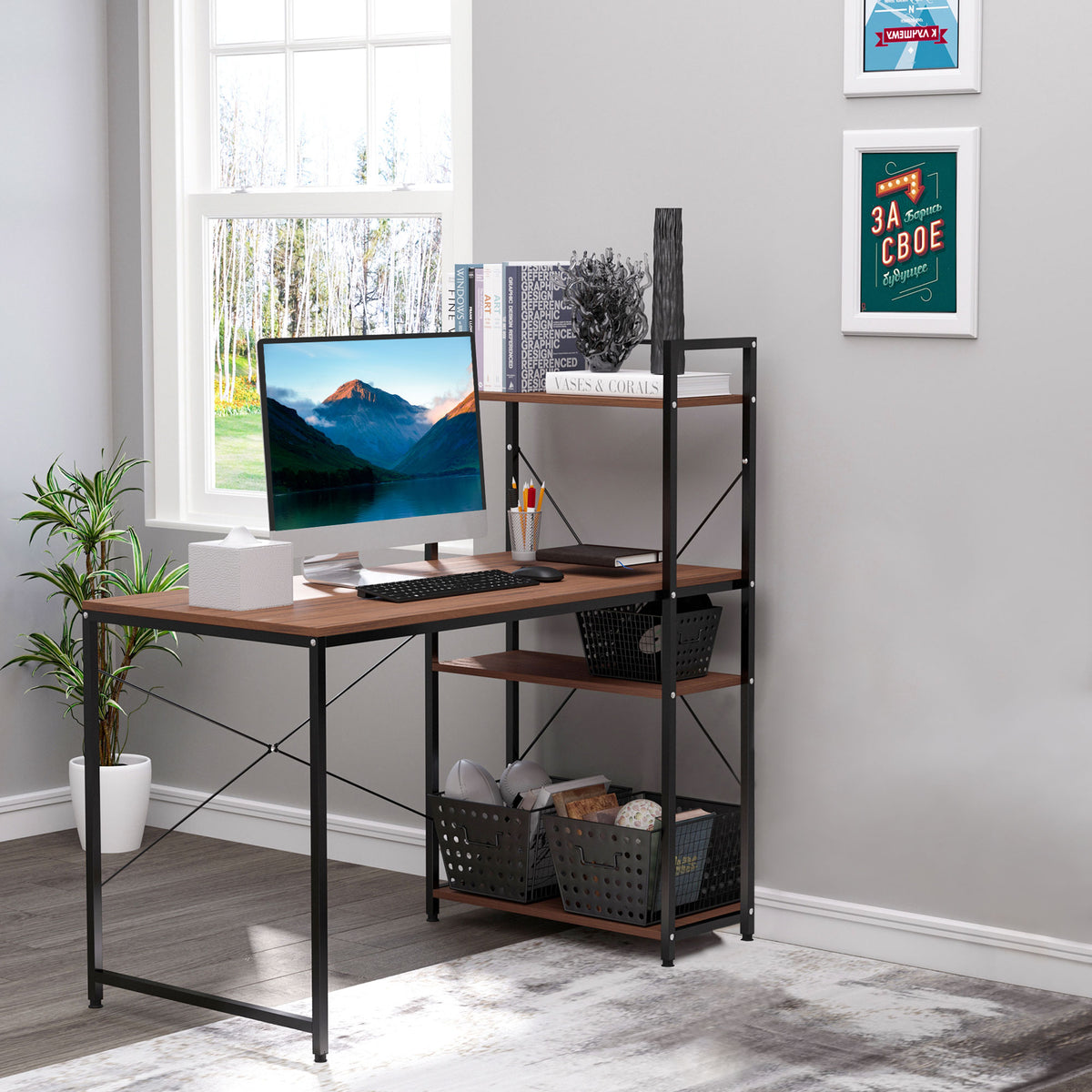 Industrial desk with 3-shelf bookcase, 120cm, walnut effect, photo 1