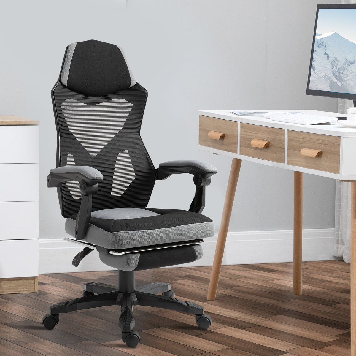 Reclining Mesh Office Chair with Footrest | Height-Adjustable, Grey & Black