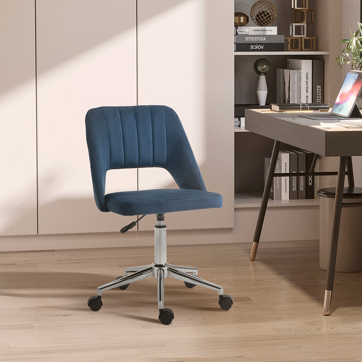 Armless Velvet Desk Chair, Dark Blue