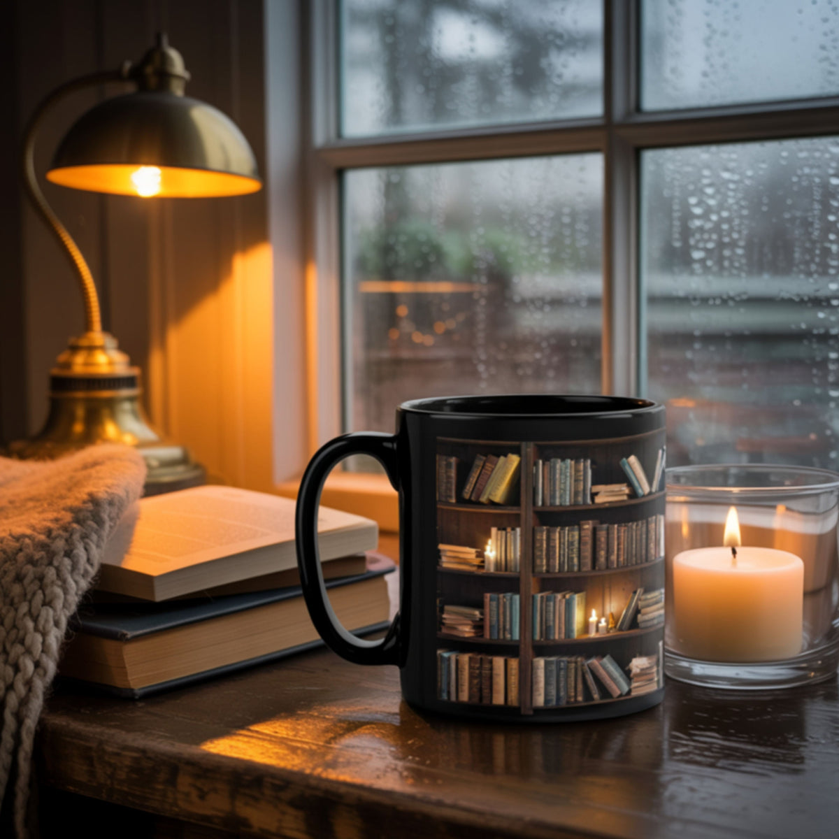 Bookshelf Mug | Dark Library Design for Book Lovers, 11oz