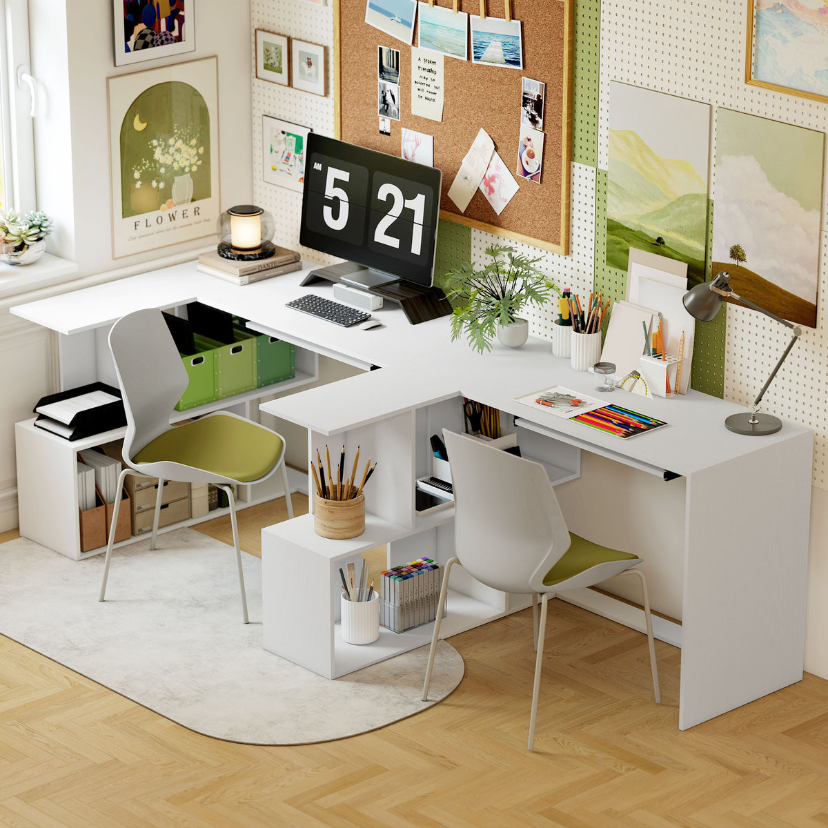 White L-shaped corner desk with shelves and keyboard tray, photo 4