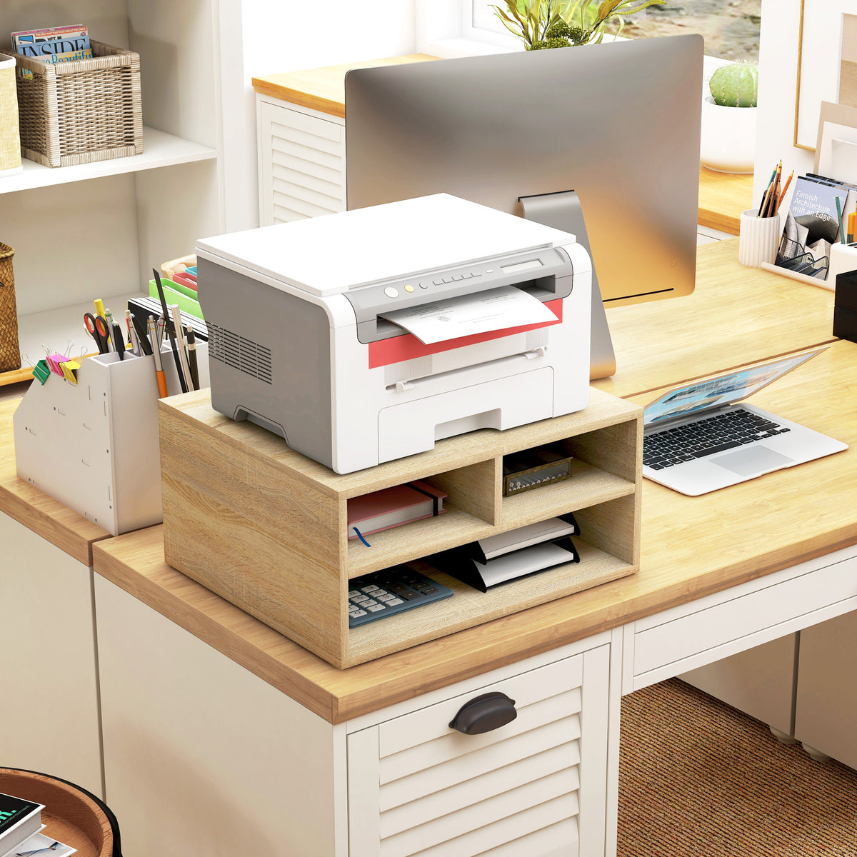 Desktop printer and monitor stand with 3 compartments, wood effect